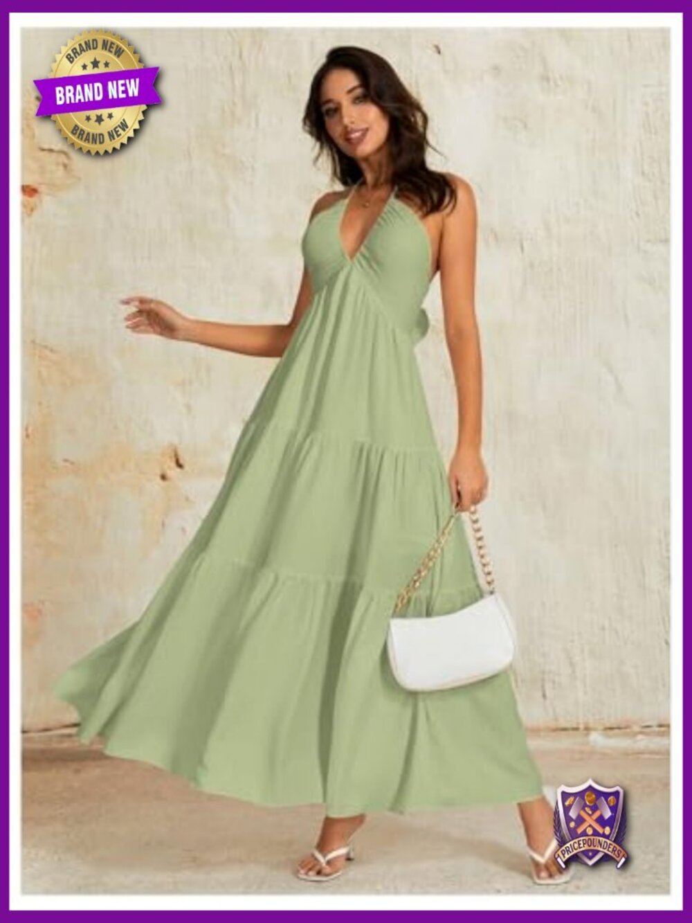 Backless Halter Maxi Dress Tiered Flowy Boho Beach Wed Guest - Picture 4 of 7